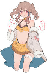 Rule 34 | 1girl, :d, arm garter, arrow (symbol), bare shoulders, bikini, bikini skirt, breasts, brown eyes, cropped legs, grey jacket, hair ornament, halterneck, highres, ikeuchi tanuma, jacket, looking at viewer, medium hair, navel, off-shoulder jacket, off shoulder, open mouth, original, red eyes, simple background, skirt, small breasts, smile, solo, standing, swimsuit, translation request, two side up, white background, yellow bikini, yellow skirt
