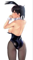 Rule 34 | 1girl, animal ears, ass, backless leotard, bare back, bare shoulders, black hair, blush, breasts, brown eyes, covering own mouth, detached collar, fake animal ears, from behind, hand over own mouth, highres, kaga (kancolle), kantai collection, large breasts, leotard, medium hair, pantyhose, playboy bunny, revision, side ponytail, sideboob, simple background, solo, standing, upper body, wa (genryusui), wardrobe malfunction, white background, wrist cuffs