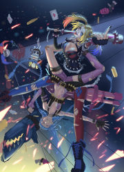 Rule 34 | 2girls, absurdres, bat (animal), batman (series), blonde hair, blue hair, braid, breasts, card, cleavage, crossover, dc comics, harley quinn, highres, jinx (league of legends), league of legends, long hair, middle finger, multiple girls, skirt, thighhighs, twin braids, twintails, weapon, xylinda