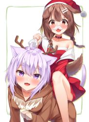 Rule 34 | 2girls, :3, adapted costume, ahoge, all fours, animal collar, animal costume, animal ears, antlers, blush, brown hair, cat ears, cat girl, cat tail, christmas, collar, collarbone, commentary, dog ears, dog girl, dog tail, dress, fake facial hair, fake mustache, fang, girl on top, hair between eyes, hat, highres, hololive, horns, inugami korone, k mugura, looking at viewer, multiple girls, nekomata okayu, open mouth, purple hair, red dress, reindeer costume, santa costume, santa dress, santa hat, short dress, smile, strapless, strapless dress, tail, virtual youtuber