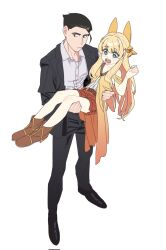 1boy 1girl animal_ears black_hair blonde_hair blue_eyes boots carrying fantasy_bishoujo_juniku_ojisan_to flat_chest fox_ears full_body highres jacket jinguuji_tsukasa kan_ppang long_hair open_clothes open_jacket open_mouth princess_carry shorts tachibana_hinata_(fabiniku)