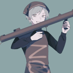 Rule 34 | 1boy, bandana, black shirt, flamethrower, grey eyes, grey hair, highres, holding, holding weapon, looking to the side, male focus, nabob, necktie, pale skin, roland (toh), shirt, short hair, smile, solo, tower of hanoi, weapon