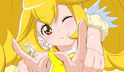 Rule 34 | 1girl, blonde hair, bow, closed mouth, collarbone, cure peace, fuchi (nightmare), kise yayoi, looking at viewer, magical girl, one eye closed, precure, puffy short sleeves, puffy sleeves, short sleeves, simple background, smile, smile precure!, solo, upper body, wide ponytail, yellow background, yellow bow, yellow eyes