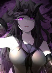 Rule 34 | 10s, 1girl, abyssal ship, black hair, breasts, commentary request, gloves, horns, kantai collection, large breasts, light cruiser princess, long hair, looking at viewer, mask, mask up, md5 mismatch, open mouth, pale skin, purple eyes, rui shi (rayze ray), school uniform, serafuku, smile, solo, upper body