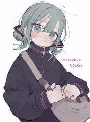 Rule 34 | 1girl, absurdres, bag, black jacket, blue eyes, blue hair, blush, brown background, dated, double bun, hair between eyes, hair bun, hair ornament, hatsune miku, highres, jacket, jewelry, long sleeves, looking at viewer, miku day, ring, simple background, smile, solo, upper body, vocaloid, white background, yunoki itsugu, zipper, zipper pull tab