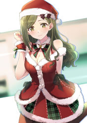 Rule 34 | 1girl, black bow, blurry, blurry background, blush, bow, breasts, cleavage, closed mouth, commentary request, depth of field, fur-trimmed headwear, fur-trimmed skirt, fur trim, green bow, green eyes, green hair, green skirt, hand up, hat, idolmaster, idolmaster shiny colors, long hair, medium breasts, nanakusa hazuki, plaid, plaid bow, plaid skirt, red skirt, santa costume, santa hat, skirt, smile, solo, swept bangs, tsuezu, very long hair