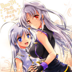 Rule 34 | 2girls, ahoge, black dress, black gloves, blue eyes, closed mouth, commentary request, dated, dress, dutch angle, feathers, fingerless gloves, gloves, hair ornament, holding hands, interlocked fingers, light particles, long hair, looking at viewer, looking back, lyrical nanoha, multiple girls, open mouth, red eyes, reinforce, reinforce zwei, san-pon, siblings, silver hair, single hair intake, sisters, sleeveless, sleeveless dress, smile, standing, translated, white dress, x hair ornament