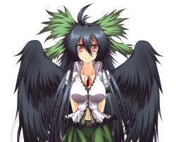Rule 34 | 1girl, animated, animated gif, arms behind back, belt, bird wings, black hair, black wings, blinking, blush, bouncing breasts, bow, breasts, collarbone, desukingu, emofuri, eyes visible through hair, facing viewer, frilled sleeves, frills, frown, g (genesis1556), green bow, hair bow, happy, head tilt, large bow, large breasts, long hair, looking at viewer, looking away, looking down, looking up, lowres, md5 mismatch, midriff, navel, nose blush, open mouth, puffy short sleeves, puffy sleeves, red eyes, reiuji utsuho, sad smile, shirt, short sleeves, skirt, solo, third eye, touhou, ugoira, very long hair, wings