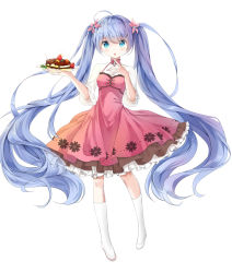Rule 34 | 1girl, :o, ahoge, bad id, bad pixiv id, blue eyes, blue hair, blueberry, blush, dress, eyebrows, flower, food, fruit, full body, hair flower, hair ornament, hatsune miku, head tilt, highres, kneehighs, long hair, looking at viewer, petticoat, pigeon-toed, plant, plate, potted plant, railing, red dress, shoes, socks, solo, standing, strawberry, twintails, very long hair, vocaloid, white footwear, yue yue