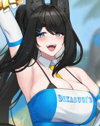 Rule 34 | 1girl, :d, animal ear fluff, animal ears, arm up, armpits, between breasts, bikini, bikini under clothes, black-haired fox girl (hayabusa), black hair, blue eyes, blurry, blurry background, breasts, cleavage, clothes writing, commentary request, detached collar, elbow gloves, gloves, hayabusa (vert 320), highres, large breasts, long hair, looking at viewer, necktie, necktie between breasts, open mouth, original, paid reward available, smile, solo, strapless, swimsuit, thick eyebrows, tube top, upper body, very long hair, white gloves, yellow necktie