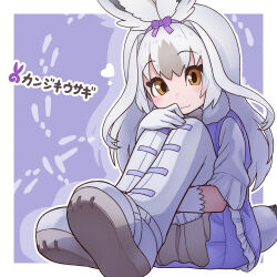 Rule 34 | 1girl, animal ears, blue background, boots, bow, bowtie, brown eyes, cardigan, da (bobafett), extra ears, grey hair, kemono friends, long hair, looking at viewer, pantyhose, rabbit ears, rabbit girl, rabbit tail, ribbon, shirt, simple background, skirt, snowshoe hare (kemono friends), solo, tail