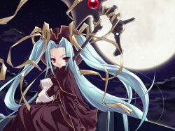 Rule 34 | 1girl, blue hair, cloud, dress, eario, forget-me-not, full moon, game cg, goth fashion, hair over one eye, hat, ito noizi, lace, long hair, moon, moonlight, night, night sky, outdoors, red eyes, ribbon, rooftop, scythe, sitting, sky, solo, twintails, very long hair, wasurenagusa