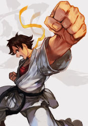 Rule 34 | 1girl, belt, black belt, black hair, bra, breasts, brown eyes, capcom, choker, clenched hands, collarbone, dougi, fighting stance, hand up, hungry clicker, makoto (street fighter), martial arts belt, open mouth, profile, punching, red bra, red sports bra, ribbon choker, short hair, solo, sports bra, street fighter, street fighter iii (series), teeth, tomboy, underwear, upper teeth only, v-shaped eyebrows, white background, yellow neckwear