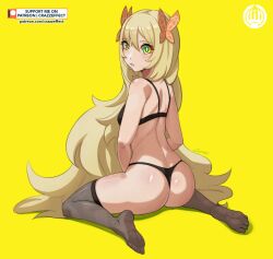 Rule 34 | 1girl, ass, bare arms, bare shoulders, black bra, black panties, blonde hair, bra, celine (fire emblem), crazzeffect, fire emblem, fire emblem engage, from behind, green eyes, grey thighhighs, hair between eyes, highres, long hair, looking at viewer, nintendo, no headwear, no shoes, panties, parted lips, simple background, sitting, solo, thighhighs, thighs, thong, underwear, underwear only, very long hair, wariza, yellow background