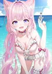 Rule 34 | 1girl, bare shoulders, braid, breasts, cleavage, hakui koyori, hololive, mamdtsubu, open mouth, outdoors, pink hair, purple eyes, smile, solo, swimsuit