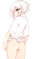 Rule 34 | 1girl, ass, blue eyes, blush, commentary request, from behind, fundoshi, hair ornament, hairclip, highres, japanese clothes, looking at viewer, looking back, mizu happi, no pants, original, otokuyou, ringo-chan (haegiwa), ringo-chan (otokuyou), short hair, short ponytail, simple background, solo, white background, white hair