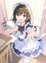 Rule 34 | &quot;rouhou&quot; ore no iinazuke ni natta jimiko ie dewa kawaii shikanai., 1girl, :d, ahoge, alternate costume, apron, back bow, black dress, bow, breasts, brown eyes, brown hair, chair, curtains, day, detached collar, dress, enmaided, foreshortening, frilled apron, frilled dress, frills, from above, hair ornament, hairclip, highres, holding, holding tray, indoors, long hair, looking at viewer, looking up, maid, maid apron, maid headdress, medium breasts, neck ribbon, novel illustration, official alternate costume, official art, open mouth, outstretched arm, reaching, reaching towards viewer, ribbon, short sleeves, sidelocks, smile, solo, standing, table, tan (tangent), thighhighs, tray, watanae yuuka, white apron, white thighhighs, wooden chair, wooden floor, wooden table
