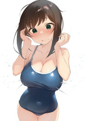 Rule 34 | 1girl, alternate breast size, blue one-piece swimsuit, blush, breast expansion, breasts, brown hair, cleavage, dot nose, fubuki (kancolle), green eyes, hair ribbon, head tilt, highres, holding, holding wrench, kantai collection, large breasts, long hair, looking at viewer, multiple girls, one-piece swimsuit, one eye closed, parted lips, pink hair, red ribbon, ribbon, sakieko, school swimsuit, sidelocks, simple background, solo, standing, sweatdrop, swimsuit, tongue, tongue out, white background, wrench