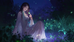 Rule 34 | 1girl, absurdres, black hair, chinese clothes, doupo cangqiong, dress, from side, glowing, grass, highres, index finger raised, long hair, long sleeves, looking down, night, parted lips, second-party source, sitting, solo, teeth, water, white dress, yun yun (doupo cangqiong), zacao tong