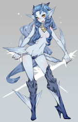 Rule 34 | 1girl, blue footwear, blue hair, blue skin, boots, censored, colored skin, convenient censoring, dual wielding, fins, fish, fish girl, hair censor, hair over breasts, high heel boots, high heels, hitowa, holding, monster girl, original, personification, ribs, solo, swordfish, thigh boots, thighhighs, weapon, yellow eyes