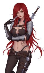 Rule 34 | 1girl, artelsia, artist name, breasts, brown gloves, brown pants, cleavage, collarbone, cowboy shot, gloves, green eyes, highres, holding, holding knife, katarina (league of legends), knife, knife belt, large breasts, league of legends, long hair, navel, pants, red hair, red lips, scar, scar across eye, simple background, solo, stomach tattoo, tattoo, weapon, white background