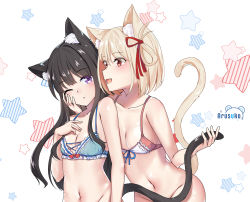 Rule 34 | 2girls, animal ear fluff, animal ears, artist logo, artist name, arusuko, black hair, blonde hair, blue bra, bottomless, bra, breasts, cat ears, cat tail, collarbone, convenient censoring, hair ribbon, hand on another&#039;s cheek, hand on another&#039;s face, highres, inoue takina, long hair, lycoris recoil, medium breasts, multiple girls, navel, nishikigi chisato, one eye closed, one side up, open mouth, parted lips, pink bra, purple eyes, red eyes, red ribbon, ribbon, shiny skin, short hair, small breasts, star (symbol), stomach, tail, tail censor, underwear, underwear only, white background, yuri