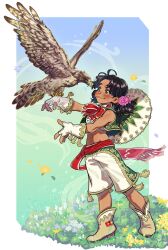 Rule 34 | 1girl, absurdres, bird, black hair, blush, boots, crop top, dark-skinned female, dark skin, fingerless gloves, flower, gloves, grass, hair flower, hair ornament, hat, hat on back, hawk, highres, lily hawk, low twintails, mexican clothes, official alternate costume, official alternate hairstyle, official art, sash, second-party source, smile, sombrero, street fighter, street fighter 6, takayuki nakayama, twintails, vest