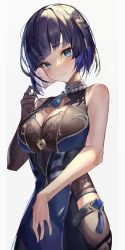 Rule 34 | 1girl, absurdres, bare shoulders, blue eyes, blue hair, blush, breasts, cleavage, cleavage cutout, clothing cutout, collar, dress, genshin impact, highres, jewelry, kabi (zcwd8845), large breasts, looking at viewer, short hair, sleeveless, sleeveless dress, solo, yelan (genshin impact)