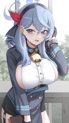 Rule 34 | 1girl, absurdres, ako (blue archive), bell, black gloves, blue archive, blue eyes, blue hair, blue hairband, blush, breasts, ear piercing, gloves, hair ornament, hairband, halo, hand up, highres, jeze, large breasts, long sleeves, looking at viewer, medium hair, open mouth, piercing, sideboob, smile, solo