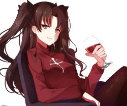 Rule 34 | 1girl, alcohol, armchair, black pantyhose, black ribbon, brown hair, chair, cross print, crossed legs, cup, drink, drinking glass, fate/stay night, fate (series), green eyes, hair ribbon, holding, holding cup, holding drinking glass, lips, liquid, long hair, looking at viewer, pantyhose, parted bangs, parted lips, red sweater, ribbon, shigure s, sitting, slit pupils, smirk, solo, sweater, tohsaka rin, twintails, two side up, wine, wine glass