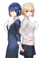 Rule 34 | 2girls, antenna hair, arcueid brunestud, back-to-back, black dress, black legwear, black skirt, blonde hair, blue eyes, blue hair, breasts, ciel (tsukihime), closed mouth, commentary request, dress, from side, habit, hair between eyes, hair intakes, hand on own hip, highres, long sleeves, medium breasts, miniskirt, mkr (wepn3428), multiple girls, nun, open mouth, pantyhose, red eyes, short hair, simple background, skirt, sweater, traditional nun, tsukihime, tsukihime (remake), turtleneck, turtleneck sweater, white background, white sweater