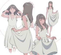 Rule 34 | 1girl, armpits, blush, breasts, closed eyes, closed mouth, clothes lift, dress, hands in hair, highres, long dress, medium breasts, medium hair, multiple views, original, signature, simple background, skirt, skirt lift, smile, umishima senbon, white background, white dress