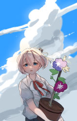 Rule 34 | 1girl, blue eyes, blue sky, cloud, commentary request, dress shirt, flower, flower pot, holding, holding flower pot, kantai collection, kaomoji (sagor00237), morning glory, neck ribbon, pink hair, plant, ponytail, potted plant, red ribbon, ribbon, shiranui (kancolle), shirt, short hair, sky, solo, upper body, white shirt