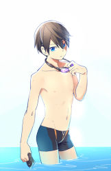 Rule 34 | 1boy, artist request, blue eyes, blue jammers, blue male swimwear, brown hair, cowboy shot, goggles, goggles around neck, high speed!, jammers, looking at viewer, male focus, male swimwear, nanase haruka (free!), navel, partially submerged, purple-tinted eyewear, solo, source request, swimsuit, tagme, tinted eyewear, topless male, wading, water, wet