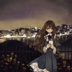 Rule 34 | 1girl, black eyes, brown hair, building, feet out of frame, flower, glowing, hands up, long hair, long sleeves, looking at viewer, momo walnut, night, original, reflection, solo, yellow flower