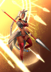 Rule 34 | 1girl, absurdly long hair, absurdres, animal ears, armor, bikini armor, braid, braided ponytail, breasts, cleavage, closed mouth, collarbone, earrings, extra ears, facial mark, fighting stance, forehead mark, from side, full body, grey hair, hand up, highres, holding, holding polearm, holding weapon, hoop earrings, indian rhinoceros (kemono friends), jewelry, kawanami eito, kemono friends, kneehighs, large breasts, long hair, navel, neck ring, outstretched arm, outstretched hand, pauldrons, polearm, red armor, redrawn, rhinoceros ears, rhinoceros girl, shoulder armor, single braid, smile, socks, solo, spear, stomach, tail, tan, very long hair, weapon, yellow eyes