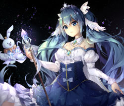 Rule 34 | 1girl, amulet, aqua eyes, aqua hair, bare shoulders, beamed eighth notes, black background, blue dress, cape, commentary, crown, crystal, detached collar, detached sleeves, dress, eighth note, framed, frilled dress, frills, glowing crystal, hatsune miku, highres, hinamaru, layered dress, long hair, musical note, musical note print, neck ruff, open mouth, princess, rabbit, rabbit yukine, scepter, skirt hold, snowflake print, tiara, twintails, very long hair, vocaloid, white cape, white sleeves, yuki miku, yuki miku (2019)