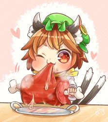 Rule 34 | 1girl, :3, animal ears, boned meat, brown eyes, brown hair, cat ears, cat tail, chen, commentary request, earrings, eating, fang, food, hat, heart, ibaraki natou, jewelry, meat, mob cap, multiple tails, nekomata, one eye closed, plate, single earring, solo, tail, touhou, two tails