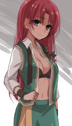 Rule 34 | 1girl, aqua eyes, arm at side, asa (coco), black bow, black bra, bow, bra, braid, breasts, chinese clothes, cleavage, closed mouth, collarbone, collared shirt, cowboy shot, eyebrows, green eyes, green skirt, green vest, hair bow, head tilt, hong meiling, long hair, long sleeves, looking at viewer, navel, open clothes, open shirt, open vest, parted bangs, red hair, shaded face, shirt, short hair, simple background, single braid, skirt, smile, solo, stomach, sweat, tareme, touhou, two-tone background, underwear, undressing, upper body, vest, white shirt, wristband