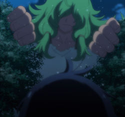 Rule 34 | 1boy, 1girl, dione nephilim, giant, giantess, green hair, highres, looking down, monster girl, monster musume no oisha-san, tree