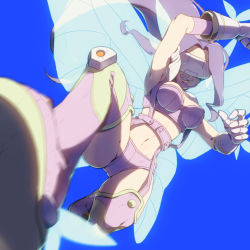 Rule 34 | 1girl, animal print, arm warmers, armpits, arms up, ass, belt, bikini, blue background, blurry, blurry foreground, boots, breasts, butterfly hair ornament, butterfly print, butterfly wings, cleavage, clenched teeth, commentary request, covered eyes, digimon, digimon (creature), facial mark, fairimon, floating hair, full body, garter straps, gauntlets, groin, hair intakes, hair ornament, hairband, insect wings, kicking, knee pads, large breasts, long hair, maplo, midriff, navel, pink bikini, purple belt, purple footwear, purple hair, purple hairband, purple thighhighs, revealing clothes, shading, shoulder pads, solo, strapless, strapless bikini, swimsuit, teeth, thigh boots, thighhighs, very long hair, visor, wings