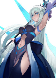 Rule 34 | 1girl, absurdres, arm up, black bow, black dress, black thighhighs, blue eyes, bow, braid, breasts, center opening, cleavage, dress, fate/grand order, fate (series), french braid, genshu doki, grey hair, hair bow, highres, large breasts, long hair, long sleeves, looking at viewer, morgan le fay (fate), navel, pelvic curtain, ponytail, sidelocks, solo, spikes, staff, stomach tattoo, tattoo, thighhighs, thighs, tiara, two-tone dress, very long hair, white dress, wide sleeves