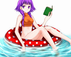 Rule 34 | 1girl, 74, afloat, bare shoulders, book, expressionless, fire emblem, fire emblem: the sacred stones, holding, holding book, innertube, legs, looking away, low twintails, lute (fire emblem), midriff, nintendo, open book, open mouth, purple eyes, purple hair, short hair, solo, swim ring, turtleneck, twintails, water, white background