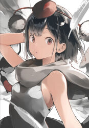 Rule 34 | 1girl, arm behind head, asakura maru, bird wings, black hair, dress, feathered wings, feathers, grey dress, hat, highres, looking at viewer, parted lips, pom pom (clothes), red eyes, red hat, shameimaru aya, short hair, simple background, sleeveless, sleeveless dress, solo, tokin hat, touhou, upper body, white background, wings