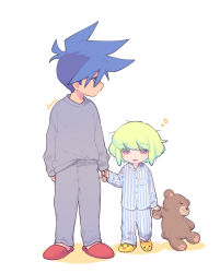 Rule 34 | 2boys, :3, aged down, animal slippers, artist name, blue eyes, blue hair, commentary, duck slippers, expressionless, full body, galo thymos, green hair, grey pants, grey sweater, height difference, highres, holding, holding hands, holding stuffed toy, kome 1022, lio fotia, looking at another, looking down, looking to the side, male focus, messy hair, mohawk, multicolored eyes, multiple boys, open mouth, orange eyes, pajamas, pants, paw print, pink eyes, promare, red footwear, shirt tucked in, short hair, sidelocks, simple background, sleepy, slippers, spiked hair, standing, striped clothes, striped pajamas, stuffed animal, stuffed toy, sweater, teddy bear, white background, yellow footwear