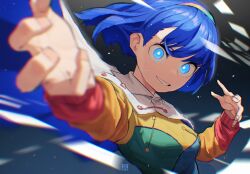 Rule 34 | 1girl, artist logo, blast-7, blue eyes, blue hair, cloak, commentary, dress, hairband, highres, long sleeves, multicolored clothes, multicolored dress, multicolored hairband, open mouth, rainbow gradient, short hair, smile, solo, tenkyuu chimata, touhou, upper body, white cloak