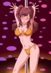 Rule 34 | 1girl, :d, absurdres, armpits, arms behind head, arms up, atlus, bare arms, bare shoulders, bikini, blank eyes, blush, breasts, brown eyes, cleavage, collarbone, contrapposto, dark persona, evil smile, eyebrows, gluteal fold, halterneck, head tilt, highres, igatto, kujikawa rise, lips, looking at viewer, medium breasts, megami tensei, navel, no pupils, nose blush, open mouth, parted lips, persona, persona 4, pole, pole dancing, ribbon, shadow (persona), shadow rise, shin megami tensei, short hair, short twintails, side-tie bikini bottom, smile, solo, spread fingers, standing, stripper pole, swimsuit, teeth, tsurime, twintails, yellow bikini, yellow eyes, yellow ribbon
