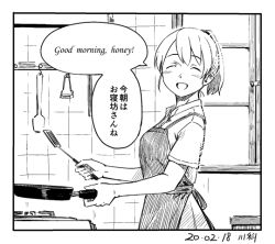 Rule 34 | 1girl, apron, comic, earrings, english text, closed eyes, frying pan, greyscale, intrepid (kancolle), jewelry, kantai collection, kawashina (momen silicon), monochrome, open mouth, ponytail, shirt, smile, speech bubble, stove, translation request, window