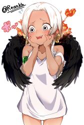 Rule 34 | 1girl, absurdres, angel wings, artist name, averting eyes, bare legs, bare shoulders, black wings, blood, blush, child, collarbone, cowboy shot, dark-skinned female, dark skin, dress, ear blush, earrings, embarrassed, facing viewer, feathered wings, female focus, firea, flustered, furrowed brow, gluteal fold, gold earrings, green blood, highres, jewelry, legs apart, long hair, matching hair/eyes, nose, one piece, open mouth, re:ankh (mrsz4523), s-snake, seraphim (one piece), simple background, sleeveless, sleeveless dress, snake earrings, solo, standing, star-shaped pupils, star (symbol), strap slip, symbol-shaped pupils, tareme, tearing up, tears, teeth, upper teeth only, white background, white dress, white eyes, white hair, wings