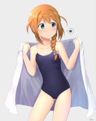 Rule 34 | 1girl, baba konomi, bare arms, bare shoulders, basa rutan, blue bow, blue eyes, blue one-piece swimsuit, blush, bow, braid, breasts, brown hair, closed mouth, collarbone, competition school swimsuit, gluteal fold, grey background, hair between eyes, hair bow, highres, holding, holding towel, idolmaster, idolmaster million live!, light frown, long hair, one-piece swimsuit, school swimsuit, sidelocks, signature, simple background, single braid, small breasts, solo, spoken squiggle, squiggle, swimsuit, towel